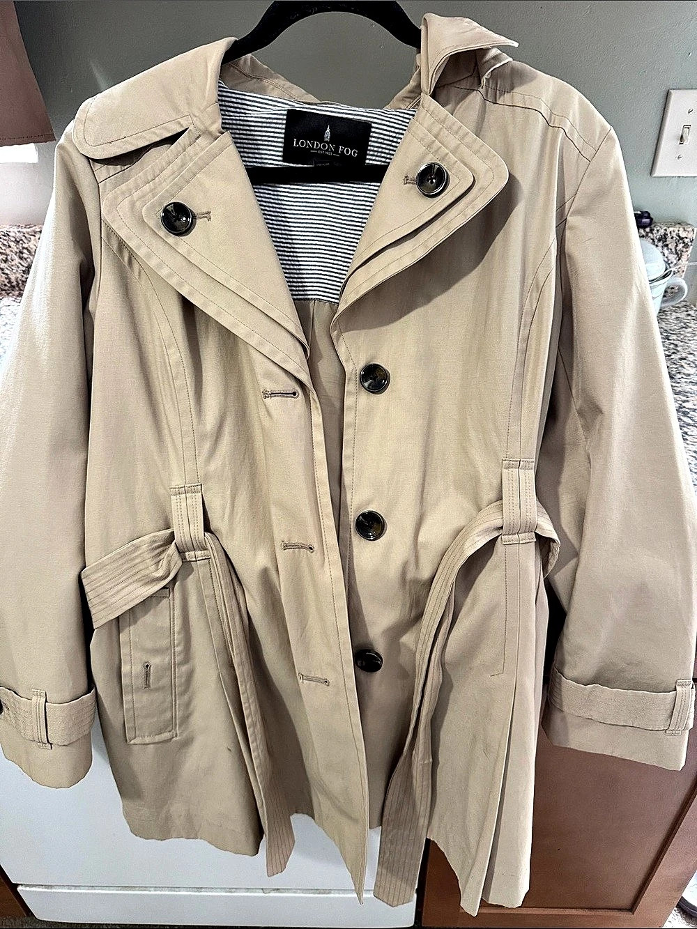 London Fog Women's Striped Trench Coat in Beige Size Large